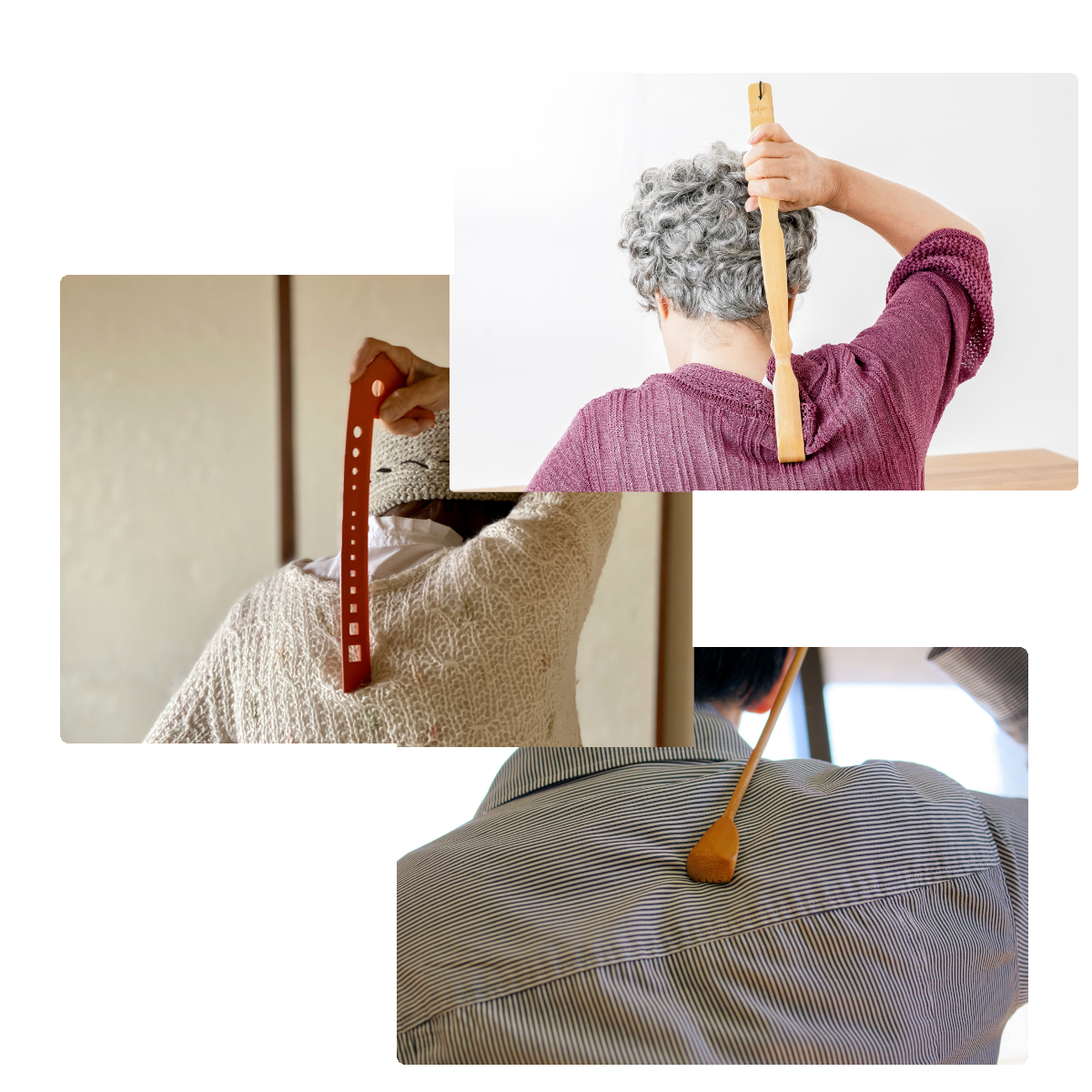 Three people using backscratchers