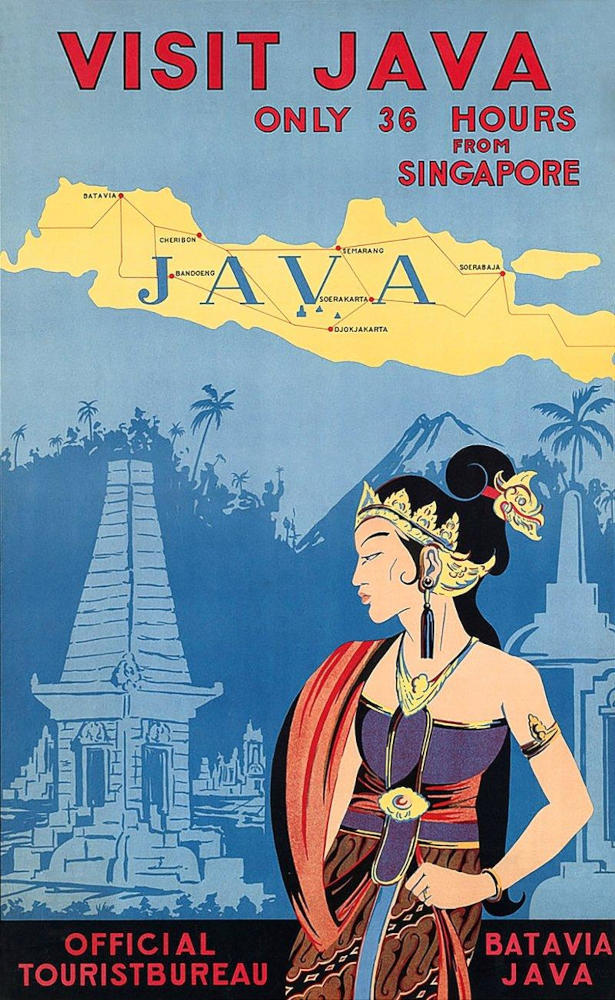 antique poster advertising for traveling to Java in Indonesia