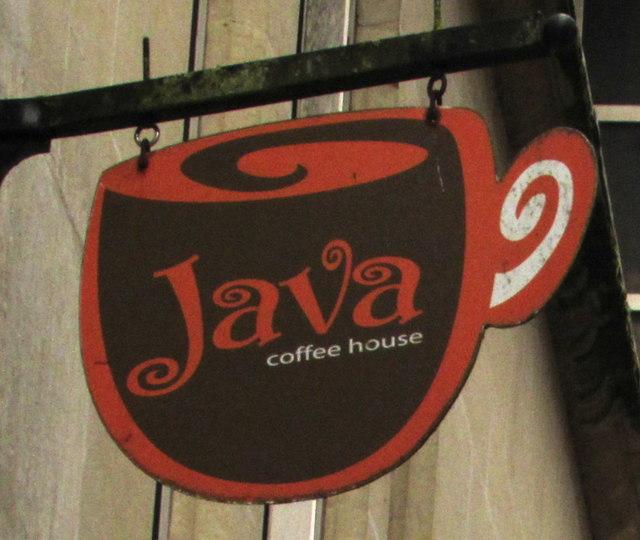 Coffee op with sign showing its name as Java